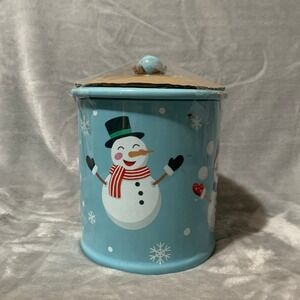 Mrs‎ Fields Snowman Ceramic Cookie Jar Blue Christmas Holiday Treat Canister Lid